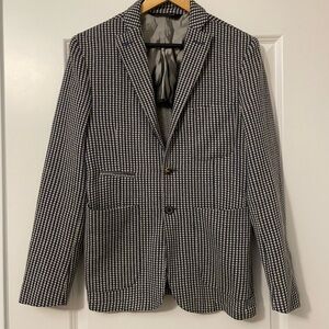 Zara Man Men's Navy Blue and White Checkered Blazer